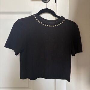 Zara Black Cropped Pearl-Trim Short Sleeve Top